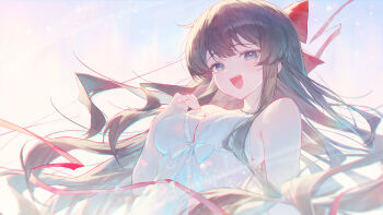 1girl :d black_hair bow breasts choppy_bangs cleavage day hair_bow hand_up hashtag-only_commentary highres huhi_(huhi_1211) large_breasts long_hair looking_at_viewer open_mouth outdoors purple_eyes red_bow red_ribbon ribbon shirayuki_hina shirt shirt_bow sleeveless sleeveless_shirt smile solo stellive upper_body very_long_hair virtual_youtuber white_shirt