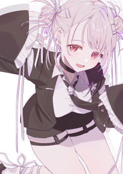 1girl absurdres black_choker black_garter_straps black_jacket black_necktie black_shorts blush breasts choker collared_shirt commentary_request double_bun earclip earrings garter_straps hair_bun hair_ornament hair_ribbon hairclip highres hoop_earrings jacket jewelry kuritiizu large_breasts long_sleeves necktie nijisanji o-ring_necktie open_mouth pink_eyes pink_hair ribbon shiina_yuika shiina_yuika_(14th_costume) shirt shorts simple_background sleeves_past_wrists smile socks solo thighs virtual_youtuber white_background white_ribbon white_shirt white_socks wide_sleeves
