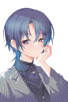 Rule 34 | 1girl, black sweater, blue eyes, blue hair, blue shirt, collared shirt, earclip, grey jacket, head rest, highres, hiodoshi ao, hiodoshi ao (1st costume), hololive, hololive dev is, jacket, jewelry, medium hair, necklace, pinstripe jacket, pinstripe pattern, seyo12, shirt, simple background, solo, suit jacket, sweater, v-neck, virtual youtuber, white background
