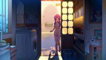 1girl absurdres animal azur_lane bad_id bad_pixiv_id barefoot bath blue_hair blush book bookmark bra breasts colored_eyelashes commentary dalian_(1457091741) dress female_focus gradient_hair hair_censor hair_over_breasts highres huge_filesize indoors laundry_basket long_hair looking_at_viewer map medium_breasts mirror multicolored_hair navel nipples nose_blush panties panty_pull parted_lips photo_(object) picture_frame purple_dress purple_eyes purple_hair pussy reflection shampoo_bottle shower_head solo standing standing_on_one_leg topless_female underwear underwear_only unicorn_(azur_lane) unworn_bra unworn_dress very_long_hair washing_machine white_bra white_panties window winged_unicorn