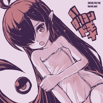 1girl ahoge backbeako_(torotei) backbeard bare_shoulders blush breasts commentary covered_erect_nipples cowboy_shot d; dated dated_commentary dutch_angle gegege_no_kitarou hair_over_one_eye hand_on_own_elbow kono_lolicon_domome loli long_hair looking_at_viewer monochrome naked_towel one_eye_closed open_mouth original paid_reward_available pink_background pink_theme pointy_ears simple_background small_breasts solo torotei towel translated very_long_hair watermark web_address wet