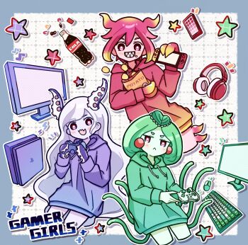 Rule 34 | 3girls, :<, alternate costume, blonde hair, blue hoodie, blue skin, blush, bottle, chips (food), colored skin, commentary, computer keyboard, computer mouse, controller, double-parted bangs, earrings, food, game controller, gradient hair, green hair, green hoodie, grey hair, grin, hair between eyes, handheld game console, headphones, highres, holding, holding controller, holding game controller, holding handheld game console, hood, hood down, hoodie, humphrey (omori), jewelry, long sleeves, marina (omori), medusa (omori), molly (omori), monitor, multicolored hair, multiple girls, nintendo switch, nyannyanrone, omori, open mouth, parted bangs, pink eyes, pink hair, pink hoodie, pink skin, potato chips, red eyes, sharp teeth, short hair, smile, soda bottle, sphere earrings, teeth, tentacle hair, two-tone hair, untranslatable commentary