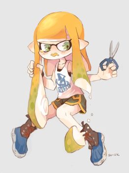 Rule 34 | 1girl, artist name, black bra, black shorts, blue shoes, blunt bangs, blush, bonjirinosuke, bra, collarbone, cutting hair, cutting own hair, female focus, flat chest, full body, gradient hair, green eyes, green hair, grey background, hands up, holding, holding own hair, holding scissors, inkling, inkling girl, inkling player character, knees together feet apart, long hair, multicolored hair, nintendo, open mouth, orange hair, orange trim, pointy ears, scissors, self-harm, shirt, shoes, short shorts, shorts, sidelocks, signature, simple background, sitting, sleeveless, sleeveless shirt, solo, splatoon (series), suction cups, tears, tentacle hair, tentacles, two-tone hair, underwear, very long hair, wavy eyes, wavy mouth