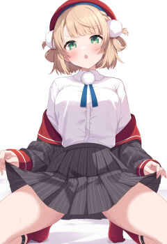 Rule 34 | 1girl, bed sheet, beret, blonde hair, blue ribbon, blunt bangs, braid, breasts, collared shirt, commentary request, dress shirt, green eyes, grey jacket, grey skirt, hair ornament, hair rings, hat, indie virtual youtuber, jacket, kneehighs, kneeling, kurono yuzuko, legwear garter, looking at viewer, medium breasts, miniskirt, neck ribbon, no shoes, off shoulder, open mouth, pinstripe jacket, pinstripe pattern, pinstripe skirt, pleated skirt, pom pom (clothes), pom pom hair ornament, red hat, red socks, ribbon, school uniform, shigure ui (1st costume) (vtuber), shigure ui (vtuber), shirt, shirt tucked in, short hair, side braid, side up ring, simple background, skirt, skirt hold, sleeve cuffs, socks, solo, swept bangs, virtual youtuber, white background, white shirt