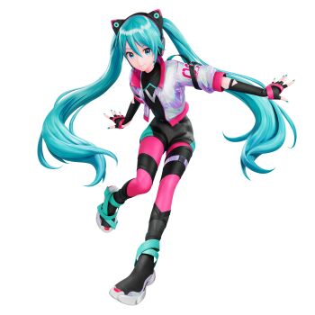 1girl 3d absurdres animal_ear_headphones animal_ears black_boots black_gloves black_shirt black_shorts blue_nails boots cat_ear_headphones cat_ears closed_mouth colored_shoe_soles commentary_request cropped_jacket elbow_gloves fake_animal_ears fingerless_gloves floating_hair full_body game_model gloves hair_between_eyes hatsune_miku headphones headset highres holographic_clothing jacket leggings long_hair looking_at_viewer nail_polish official_art open_clothes open_jacket outstretched_arms pink_leggings sega shirt shorts simple_background smile solo sonic_(series) sonic_racing:_crossworlds thigh_strap twintails very_long_hair vocaloid white_background white_jacket