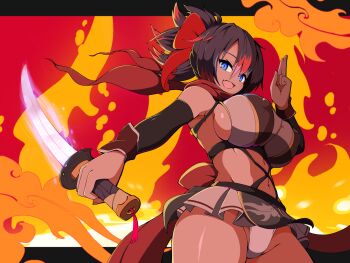 1girl absurdres arm_guards black_hair blue_eyes bow breasts colored_tips covered_erect_nipples fang fire groin hair_between_eyes hair_bow highres holding holding_sword holding_weapon huge_breasts kuji-in long_hair looking_at_viewer miniskirt multicolored_hair navel ninja nuuuuuusi06 open_mouth original panties pleated_skirt ponytail red_bow red_hair red_scarf revealing_clothes scarf short_ponytail sideboob skin_fang skirt smile solo sword thighs two-tone_hair underwear weapon white_panties
