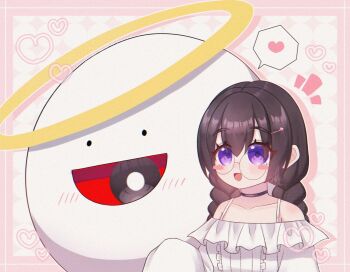 Rule 34 | 1girl, alt 0218, black background, black hair, braid, glasses, hair ornament, hairclip, heart, kirby (series), kirby 64, long hair, low twin braids, nintendo, off-shoulder shirt, off shoulder, one-eyed, purple eyes, red eyes, ripple star queen, shirt, twin braids, white shirt, zero two (kirby)