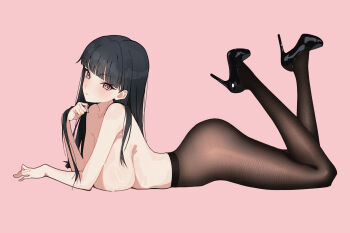 1girl absurdres ass bare_shoulders black_pantyhose black_shoes blue_archive blunt_bangs breasts commentary_request highres large_breasts long_hair looking_at_viewer lying on_stomach pantyhose pink_background qije ringed_eyes rio_(blue_archive) shoes simple_background solo topless_female