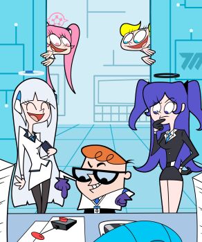 1boy 4girls ^_^ absurdres armband belt black_belt black_gloves black_halo black_jacket black_pantyhose black_skirt blazer blonde_hair blue_archive blue_armband blue_eyes blue_necktie blunt_bangs closed_eyes commentary_request controller creammilk_tea crossover dee_dee dexter's_laboratory dexter_(dexter's_laboratory) finger_to_own_chin gear_halo genndy_tartakovsky_(style) glasses gloves grin halo hand_on_own_hip height_difference highres holding holding_notebook id_card indoors jacket koyuki_(blue_archive) lab_coat laboratory lanyard long_hair long_sleeves looking_at_another millennium_science_school_logo multiple_girls necktie noa_(blue_archive) notebook orange_hair pantyhose parody parted_bangs peeking_out pink_eyes pink_hair pink_halo purple_eyes purple_gloves purple_hair push-button remote_control schale_logo school_uniform sidelocks skirt smile style_parody v-shaped_eyebrows white_hair white_halo white_jacket white_skirt yuuka_(blue_archive)