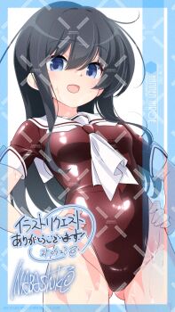 1girl adversarial_noise alternate_costume artist_name black_hair blue_eyes brown_leotard character_name commission cowboy_shot hair_between_eyes hands_on_own_hips hannen_hiroe highleg highleg_leotard highres inaba_shiki leotard long_hair looking_at_viewer neckerchief open_mouth pixiv_commission sailor_collar sailor_leotard signature slow_start solo watermark watermark_grid white_neckerchief white_sailor_collar