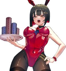 Rule 34 | 1girl, animal ears, black hair, breasts, brown pantyhose, colored inner hair, covered navel, fake animal ears, goddess of victory: nikke, holding, kuminikke, large breasts, leotard, multicolored hair, open mouth, pantyhose, playboy bunny, rabbit ears, red hair, red leotard, rouge (nikke), short hair, simple background, solo, sparkle hair ornament, strapless, strapless leotard, white background, yellow eyes