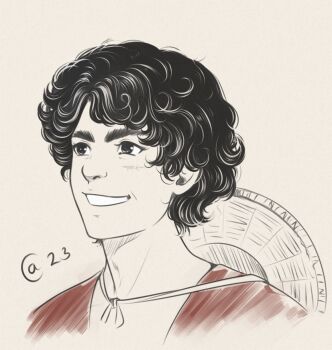 1boy autumn-sacura black_eyes black_hair commentary curly_hair english_commentary facial_scar hat male_focus monkey_d._luffy one_piece one_piece_(live_action) red_shirt scar scar_on_cheek scar_on_face shirt short_hair simple_background sketch smile solo straw_hat teeth thick_eyebrows unworn_hat unworn_headwear