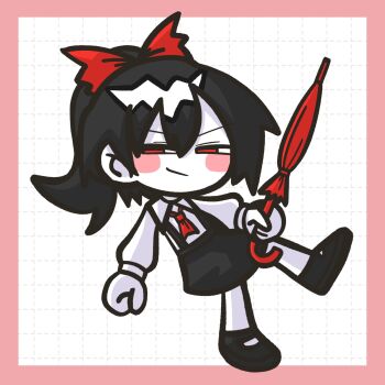 Rule 34 | 1girl, ascot, black hair, black skirt, blush stickers, border, bow, chibi, chibi only, closed mouth, closed umbrella, collared shirt, colored skin, cookie (touhou), full body, grid background, hair bow, high ponytail, highres, holding, holding umbrella, long sleeves, looking at viewer, medium hair, pink border, ponytail, red ascot, red bow, red eyes, red umbrella, shirt, siyudi (cookie), skirt, smile, solo, suspender skirt, suspenders, sznkrs, umbrella, white background, white shirt, white skin