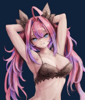 +_+ 1girl ahoge armpits arms_up black_bra black_ribbon blue_background blue_eyes blush bra breasts collarbone grin hair_intakes hair_ribbon highres hololive hololive_dev_is kikirara_vivi large_breasts long_hair looking_at_viewer multicolored_hair navel nymph_rhythm pink_hair purple_hair ribbon simple_background smile solo sparkle_print stomach streaked_hair two-tone_hair underwear underwear_only virtual_youtuber