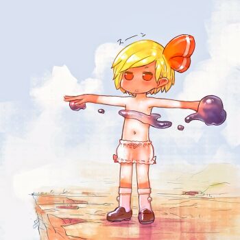 1girl blonde_hair bloomers blush commentary_request darkness expressionless flat_chest full_body highres loafers navel outdoors outstretched_arms rumia shoes short_hair sky solo spread_arms standing t-pose tan tanline topless_female touhou underwear yst