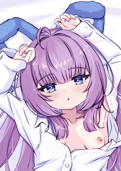 1girl absurdres arms_up azur_lane blue_eyes blush bonebonedolphin breasts commentary_request highres long_hair looking_at_viewer nipples purple_hair shirt small_breasts solo tashkent_(azur_lane) tashkent_(the_blue_snoozer)_(azur_lane) white_shirt