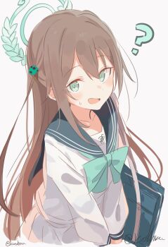 1girl ? absurdres airi_(blue_archive) aqua_bow bag blue_archive blue_bag blue_sailor_collar blush bow bowtie brown_hair commentary_request green_bow green_bowtie green_eyes green_halo green_ribbon green_sailor_collar grey_background hair_between_eyes hair_ornament halo highres koshka_pic long_hair long_sleeves looking_at_viewer open_mouth ribbon sailor_collar school_bag school_uniform serafuku shirt simple_background skirt solo sweatdrop twitter_username white_background white_serafuku white_shirt white_skirt