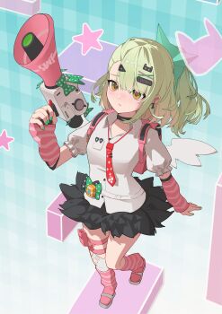 Rule 34 | 1girl, absurdres, arm warmers, bandaid, bandaid hair ornament, black skirt, commentary, earrings, fur-trimmed skirt, fur trim, gan xing naobing, green eyes, green hair, green nails, hair ornament, highres, holding, holding megaphone, jewelry, leg warmers, looking at viewer, megaphone, multiple hair clips, musical note earrings, necktie, parted lips, pink arm warmers, pink bag, pink leg warmers, pink shoes, ponytail, red necktie, shirt, shoes, skirt, solo, star (symbol), striped arm warmers, striped leg warmers, sunna (zenless zone zero), triangle hair ornament, white shirt, white wings, winged bag, wings, zenless zone zero