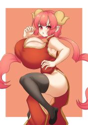 Rule 34 | 1girl, ass, bouncing breasts, breasts, china dress, chinese clothes, cleavage cutout, clothing cutout, curvy, dragon girl, dress, fighting stance, highres, horns, huge breasts, ilulu (maidragon), kobayashi-san chi no maidragon, looking at viewer, puffywaffles, red dress, shiny skin, solo