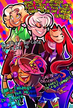 Rule 34 | 1other, 3girls, animal ears, animalistic (creep-p), appetite of a people-pleaser (vocaloid), blouse, bop it (creep-p), bow, cakey (ghost), closed eyes, colorful background, commentary, creep-p, dark skin, denim, denim shorts, dog ears, drowninnoodles, english commentary, fishnets, fox mask, ghost and pals, green shirt, hair bow, hatsune miku, highres, horns, housewife, housewife radio, kitsune no yomeiri (vocaloid), lyrics, mask, microphone, multicolored hair, multiple girls, nancy elsner, oborozuka akari, orange hair, pale skin, pink hair, r.i.p (creep-p), red hair, scene fashion, shirt, shorts, smile, streaked hair, suspenders, tombstone, twintails, white hair, yellow eyes