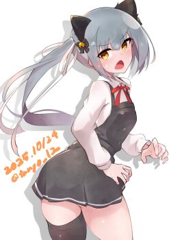 1girl absurdres animal_ears bell blush brown_eyes cat_ears commentary_request cowboy_shot dated dress grey_hair hair_ribbon highres kantai_collection kasumi_(kancolle) kasumi_kai_ni_(kancolle) long_hair long_sleeves looking_at_viewer neck_ribbon one-hour_drawing_challenge open_mouth pinafore_dress red_ribbon ribbon shirt side_ponytail simple_background sleeveless sleeveless_dress solo tanyou twitter_username white_ribbon white_shirt