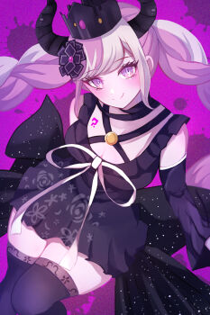 1girl black_crown black_dress black_horns black_thighhighs blush braid breasts cleavage closed_mouth commentary_request crown detached_sleeves dress eyelashes hair_ornament highres horns long_hair master_detective_archives:_rain_code multicolored_hair naruse_fuami pink_eyes pink_hair shinigami_(rain_code) smile solo thick_thighs thighhighs thighs twin_braids twintails two-tone_hair very_long_hair white_hair