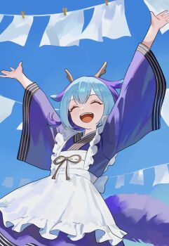 1girl :d \o/ ^_^ absurdres apron aqua_hair arms_up blue_hair blue_kimono blush closed_eyes dragon_girl dragon_horns dragon_tail duel_monster eastern_dragon_horns frilled_apron frills hair_between_eyes highres horns japanese_clothes kimono laundry_dragonmaid maid maid_apron nbee_ya open_mouth outstretched_arms short_twintails smile solo tail twintails wa_maid white_apron yu-gi-oh!