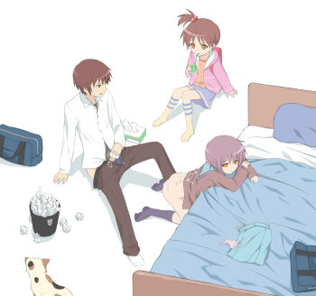 00s 1boy 2girls aftersex arm_support backpack bad_id bad_pixiv_id bag bed bedroom bent_over bottomless brother_and_sister calico_(pattern) calico_cat cardigan cat clothes clothes_on_bed commentary cum cum_on_ass cum_on_body cum_on_clothes cum_on_lower_body cup dress_shirt drink drinking drinking_glass drinking_straw expressionless feet hair_bobbles hair_ornament hood hoodie indoors kneehighs kneeling kyon kyon_no_imouto loli multiple_girls nagato_yuki nnyu no_shoes onlookers panties penis randoseru school_bag school_uniform serafuku shamisen_(suzumiya_haruhi) shirt siblings side_ponytail simple_background sitting skirt socks suzumiya_haruhi_no_yuuutsu tissue tissue_box trash_can underwear unworn_panties unworn_skirt unzipped used_tissue white_background