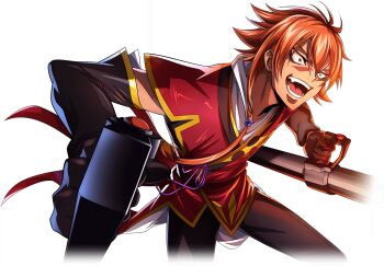 1boy ashley_ashura black_gloves code_geass code_geass:_lost_stories elbow_gloves f4samurai game_cg gloves male_focus military_uniform official_art open_mouth orange_hair red_eyes smile solo teeth