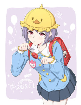 Rule 34 | 1girl, anglediana, backpack, bag, bag charm, bang dream!, bang dream! it's mygo!!!!!, black skirt, blue shirt, blush, border, character charm, charm (object), chinese commentary, closed mouth, commentary request, crime prevention buzzer, crime prevention buzzer threat, hat, highres, mortis (bang dream!), mortis (costume) (bang dream!), outside border, pink eyes, pleated skirt, purple background, purple hair, randoseru, red bag, shirt, short hair, skirt, solo, wakaba mutsumi, white border, yellow hat, yuutenji nyamu