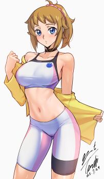1girl absurdres bare_shoulders bike_shorts black_choker blue_eyes blush breasts brown_hair choker collarbone commentary dated gundam gundam_build_fighters gundam_build_fighters_try hair_between_eyes hair_ornament hair_scrunchie highres hoshino_fumina jacket large_breasts long_hair long_sleeves looking_at_viewer midriff navel off_shoulder open_clothes open_jacket parted_lips pink_scrunchie pink_shorts pink_sports_bra ponytail revision scrunchie shorts sidelocks signature simple_background solo sports_bra standing sweat two-tone_shorts two-tone_sports_bra white_background white_shorts white_sports_bra yellow_jacket yoo_tenchi