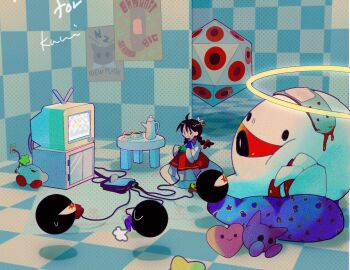 1girl bandaid black_hair blood checkered_floor controller crown crt cup dress game_console game_controller halo highres holding holding_controller kirby kirby_(series) kirby_64 long_hair miracle_matter n-z nintendo one-eyed playing_games red_eyes ripple_star_queen sleeves_past_fingers sleeves_past_wrists soumenhiyamugi stuffed_toy table teacup teapot television zero_two_(kirby)