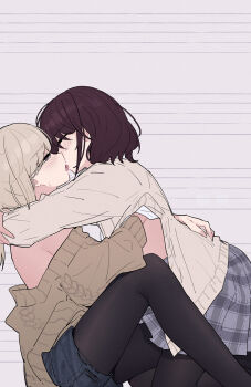 2girls black_pantyhose blush brown_hair brown_sweater cardigan commentary_request french_kiss girls_band_cry grey_cardigan grey_eyes grey_hair grey_skirt hair_down highres iseri_nina kawaragi_momoka kiss long_hair long_sleeves multiple_girls off_shoulder pantyhose pantyhose_under_shorts pleated_skirt saliva shorts skirt sweater undressing_another yun_cao_bing yuri