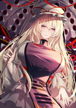 1girl blonde_hair blush bow breasts dress gap_(touhou) gloves hair_bow hat hat_ribbon highres holding holding_umbrella long_hair long_sleeves looking_at_viewer mo_komo_momo mob_cap open_mouth purple_eyes ribbon short_hair smile solo tabard touhou umbrella yakumo_yukari