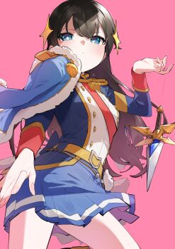 1girl absurdres arm_at_side back_bow belt belt_buckle black_boots black_hair blue_bow blue_eyes blue_jacket blue_skirt blush boots bow breasts bright_pupils buckle closed_mouth commentary cowboy_shot dagger epaulettes fingernails fur-trimmed_jacket fur_trim goe_(g-o-e) hair_between_eyes hair_ornament hand_up highres holding holding_string jacket jacket_on_shoulders kagura_hikari knife leg_up long_hair long_sleeves looking_at_viewer miniskirt pink_background pleated_skirt red_sash sash sheng_biao_(weapon) shoujo_kageki_revue_starlight shoulder_sash simple_background single_stripe skirt small_breasts solo sparkle_hair_ornament standing standing_on_one_leg string string_around_finger striped_clothes striped_skirt stuffed_animal stuffed_toy teddy_bear v-shaped_eyebrows waist_cape wavy_hair weapon white_pupils yellow_belt