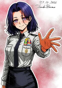 1girl alternate_costume artist_name black_necktie black_skirt blush breasts collared_shirt commentary_request dated highres hisama_tomoki japan_maritime_self-defense_force japan_self-defense_force kantai_collection long_sleeves looking_at_viewer military military_dress_uniform military_rank_insignia military_uniform naval_dress_uniform naval_uniform necktie one-hour_drawing_challenge outstretched_arm purple_eyes purple_hair ribbon_bar shirt short_hair shoulder_boards skirt smile solo tatsuta_(kancolle) upper_body white_shirt