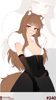 1girl absurdres animal_ear_fluff animal_ears black_gloves black_skirt blunt_bangs blush breasts brown_hair closed_mouth commentary corset elbow_gloves english_commentary fang fang_out gloves highres holo likunea long_hair looking_at_viewer patreon_logo patreon_username red_eyes sidelocks simple_background skirt small_breasts solo solo_focus spice_and_wolf tail twitter_username twitter_x_logo underbust white_background wolf_ears wolf_girl wolf_tail zoom_layer