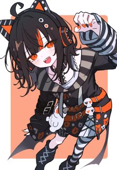 1girl :d ahoge animal_ear_headphones animal_ears belt black_hair black_nails black_sweater cat_ear_headphones cat_ears commentary_request dress eyeball_hair_ornament fake_animal_ears headphones highres layered_clothes layered_dress long_sleeves looking_at_viewer loose_clothes mahou_shoujo_no_majo_saiban medium_hair multicolored_hair nail_polish open_mouth orange_background orange_eyes orange_nails orange_streaks sawatari_coco sharp_teeth short_hair skirt smile solo streaked_hair stuffed_animal stuffed_cat stuffed_toy sweater teeth waipiiy white_skirt wide_sleeves