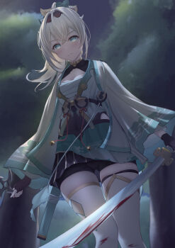 1girl aqua_eyes black_gloves black_hairband black_shorts blonde_hair blood blood_on_clothes bloody_weapon blue_hakama breasts chest_sarashi closed_mouth clothing_cutout cloud commentary covered_navel crossed_bangs double-parted_bangs egasumi expressionless fingerless_gloves gloves hair_between_eyes hair_flaps hair_ornament hairband hakama hakama_short_skirt hakama_skirt haori highres hip_vent holding holding_shuriken holding_weapon hololive japanese_clothes katana kazama_iroha kazama_iroha_(1st_costume) kimono leaf_hair_ornament looking_at_viewer medium_hair night outdoors ponytail sarashi seriponpoyon shorts shorts_under_skirt shuriken skin_tight skirt small_breasts solo sword tabi thighhighs virtual_youtuber weapon white_kimono white_thighhighs wide_sleeves yellow_haori