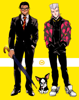 2boys alternate_hairstyle anzumame bespectacled black_hair closed_umbrella cosplay cosplay) dark_skin dark-skinned_male formal_clothes gary_unwin gary_unwin_(cosplay) glasses grey_hair harry_hart harry_hart_(cosplay) iggy_(jojo) jean_pierre_polnareff jojo_no_kimyou_na_bouken kingsman:_the_secret_service mohammed_avdol multiple_boys ponytail suit umbrella