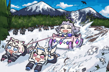 3girls alaska animal_ears bigfoot bing_huyue bird black_jacket blonde_hair blue_eyes blue_footwear blue_hairband blush_stickers chibi circlet claws closed_eyes commentary dog_ears dog_girl dog_sled dog_tail english_commentary fake_horns fuwawa_abyssgard fuwawa_abyssgard_(1st_costume) gem glowstick hairband highres hololive hololive_english horn_hairband jacket koseki_bijou long_hair mococo_abyssgard mococo_abyssgard_(1st_costume) moose mountain multiple_girls muskox pine_tree pink_eyes pink_hairband pink_shoes purple_gemstone rabbit scenery shoes short_hair siblings sky sled snow tail tongue tongue_out tree twins virtual_youtuber winter_clothes