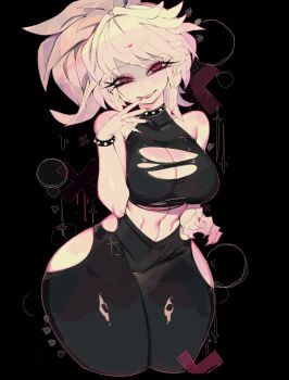 1girl bare_arms black_background black_choker black_pants black_shirt breasts choker cleavage clothing_cutout commentary commission cropped_legs cropped_shirt curvy english_commentary fingernails hand_up highres hip_vent large_breasts looking_at_viewer midriff nail_polish narrow_waist navel original pants red_eyes red_nails shirt short_hair sleeveless sleeveless_shirt smile solo spiked_choker spikes sweat swept_bangs thick_thighs thighs torn_clothes torn_pants torn_shirt usa37107692 white_hair wide_hips