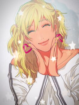 Rule 34 | 1boy, adam's apple, blonde hair, blurry edges, choppy bangs, closed eyes, closed mouth, collarbone, commentary request, crossdressing, crossdressing (mtf), dark-skinned male, dark skin, earrings, eyelashes, eyeshadow, facing viewer, glitter makeup, grey background, gyaru, hair between eyes, hair extensions, hair over shoulder, hands on own face, hands up, head tilt, heart, heart earrings, jewelry, long hair, long sleeves, makeup, male focus, meguri shun, off shoulder, official art, ogeretsu tanaka, orange eyeshadow, oretachi majikou destroy, portrait, shirt, smile, solo, star (symbol), trap, two side up, wavy hair, white shirt, yellow nails