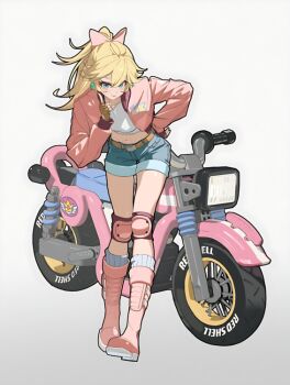 1girl 2025 20s blonde_hair blue_eyes boots bow breasts cropped_jacket daniel_deng denim denim_shorts earrings fingerless_gloves full_body gloves grey_background hair_bow hand_on_own_hip high_ponytail index_finger_raised jacket jewelry knee_boots knee_pads kneehighs leaning_forward long_hair mario_(series) mario_kart mario_kart_world midriff motor_vehicle motorcycle navel nintendo official_alternate_costume pink_bow pink_jacket ponytail princess_peach princess_peach_(touring) shirt short_shorts shorts simple_background socks solo tagme thighs white_shirt