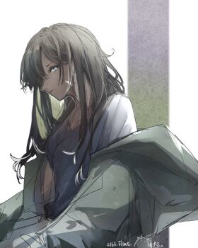 Rule 34 | 1girl, arknights, bandaid, bandaid on face, black hair, black shirt, blue eyes, commentary request, dark-skinned female, dark skin, flint (arknights), hair between eyes, haki penguin, highres, long hair, looking at viewer, shirt, solo, white background