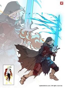 1girl apoloniodraws armor ben_10 blonde_hair blue_sword cloak fire fusion genderswap genderswap_(mtf) heatblast holding holding_sword holding_weapon long_hair looking_at_viewer mask mouth_mask omnitrix red_armor ripjaws sword torn_cloak torn_clothes weapon yellow_eyes