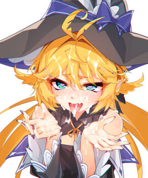 1girl ahoge blonde_hair blue_hat blush commentary cum cum_in_mouth cum_on_body cum_on_clothes cum_on_hair cum_on_hands cum_on_tongue cum_string cumdrip dokibird english_commentary facial fang green_eyes hair_between_eyes hair_ornament hat heart heart-shaped_pupils highres indie_virtual_youtuber long_hair looking_at_viewer open_mouth ricegnat simple_background skin_fang smile solo symbol-shaped_pupils tongue tongue_out twintails virtual_youtuber white_background witch_hat