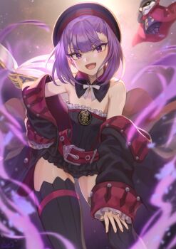1girl 1other automaton_(object) bare_shoulders belt beret black_coat black_dress black_hat black_thighhighs blush book breasts coat colonel_olcott_(fate) detached_collar detached_sleeves doll dress fate/grand_order fate_(series) female_focus frills hand_on_own_hip hat helena_blavatsky_(fate) helena_blavatsky_(third_ascension)_(fate) highres looking_at_viewer mashutarou_(neko_no_oyashiro) off_shoulder open_book open_clothes open_coat open_mouth purple_eyes purple_hair short_dress short_hair small_breasts smile solo_focus strapless strapless_dress thighhighs thighs