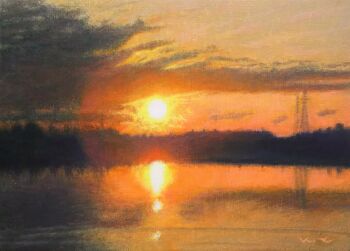 cloud cloudy_sky commentary_request dated_commentary evening keisirou lake landscape no_humans orange_sky original outdoors painting_(medium) reflection reflective_liquid scenery sky sun sunset traditional_media