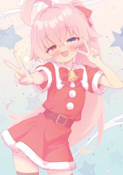 1girl absurdres ahoge bell blue_archive blue_eyes blush commentary dress fang halo heterochromia highres hoshino_(blue_archive) ks_aya_(gztm4838) long_hair open_mouth pink_hair pink_halo solo thighhighs v